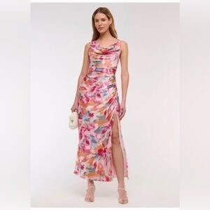 NWT Abercrombie Pink Satin Floral Cowl Neck Draped Maxi Dress M